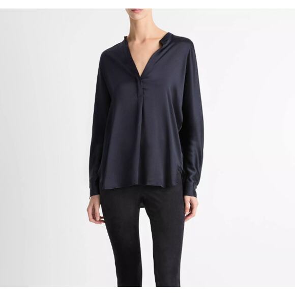 VINCE Silk Satin Band Collared Blouse Coastal Blue Long Sleeve Women's L - Picture 1 of 12